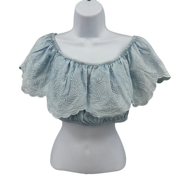 Sim & Sam Off the Shoulder Cropped Top WMNS M Bleach Wash Scalloped Embroidered - Picture 1 of 11